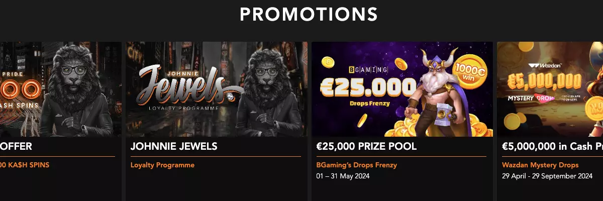 Promotions page for the King Johnnie Casino website showing the Johnnie Jewels, $25,000 drops frenzy and €5,000,000 cash promotion