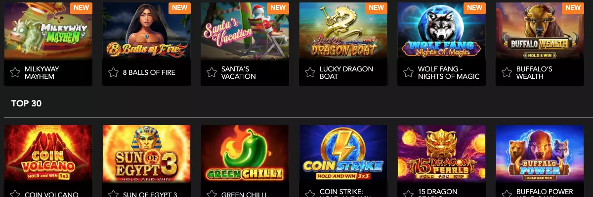 Games page at king johnnie casino. Black background with twelve square logos showing different casino games.