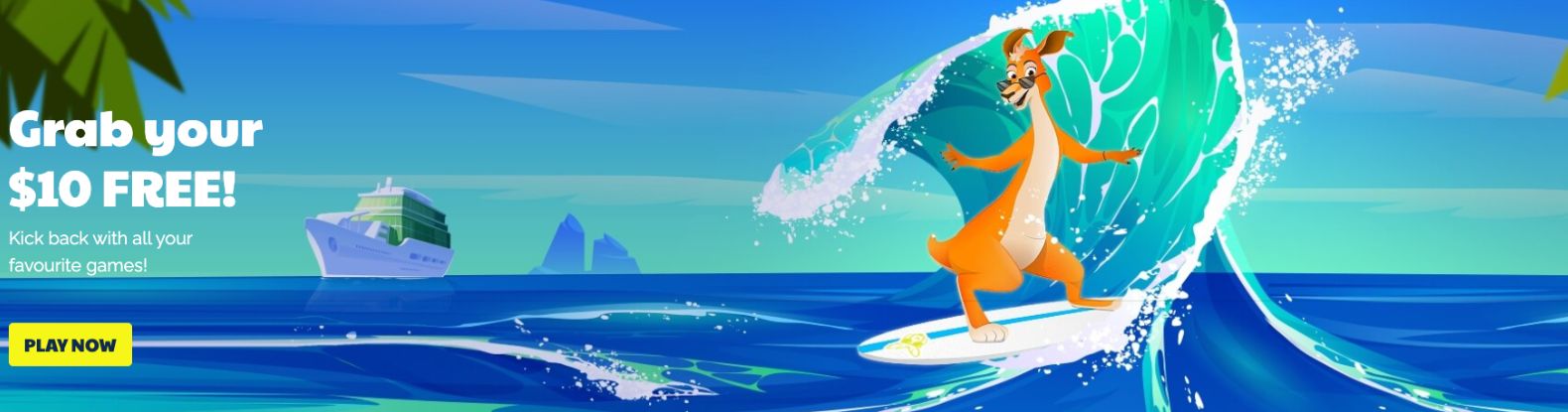 Ripper casino welcome bonus featuring a cartoon kangaroo surfing on a blue ocean wave with a cruise ship in the background