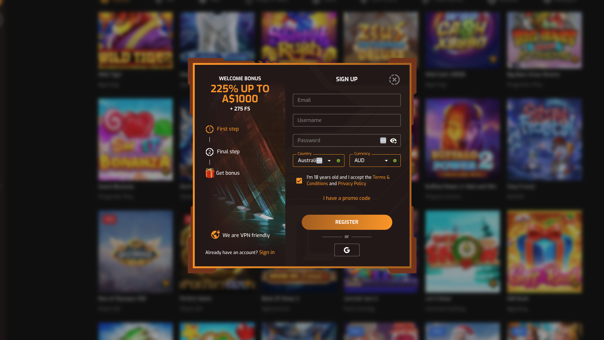 Hugo Casino Sign Up Form 1
