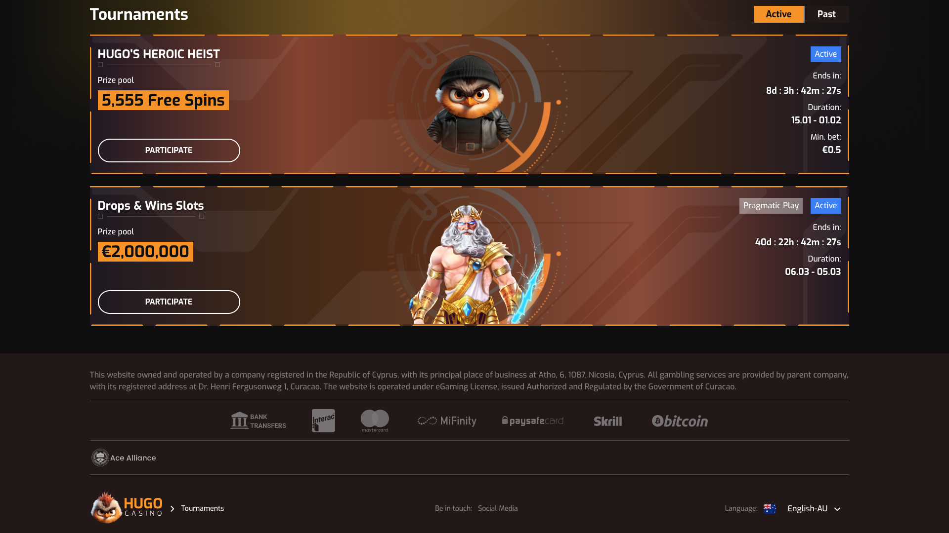 Hugo Casino Tournaments Page