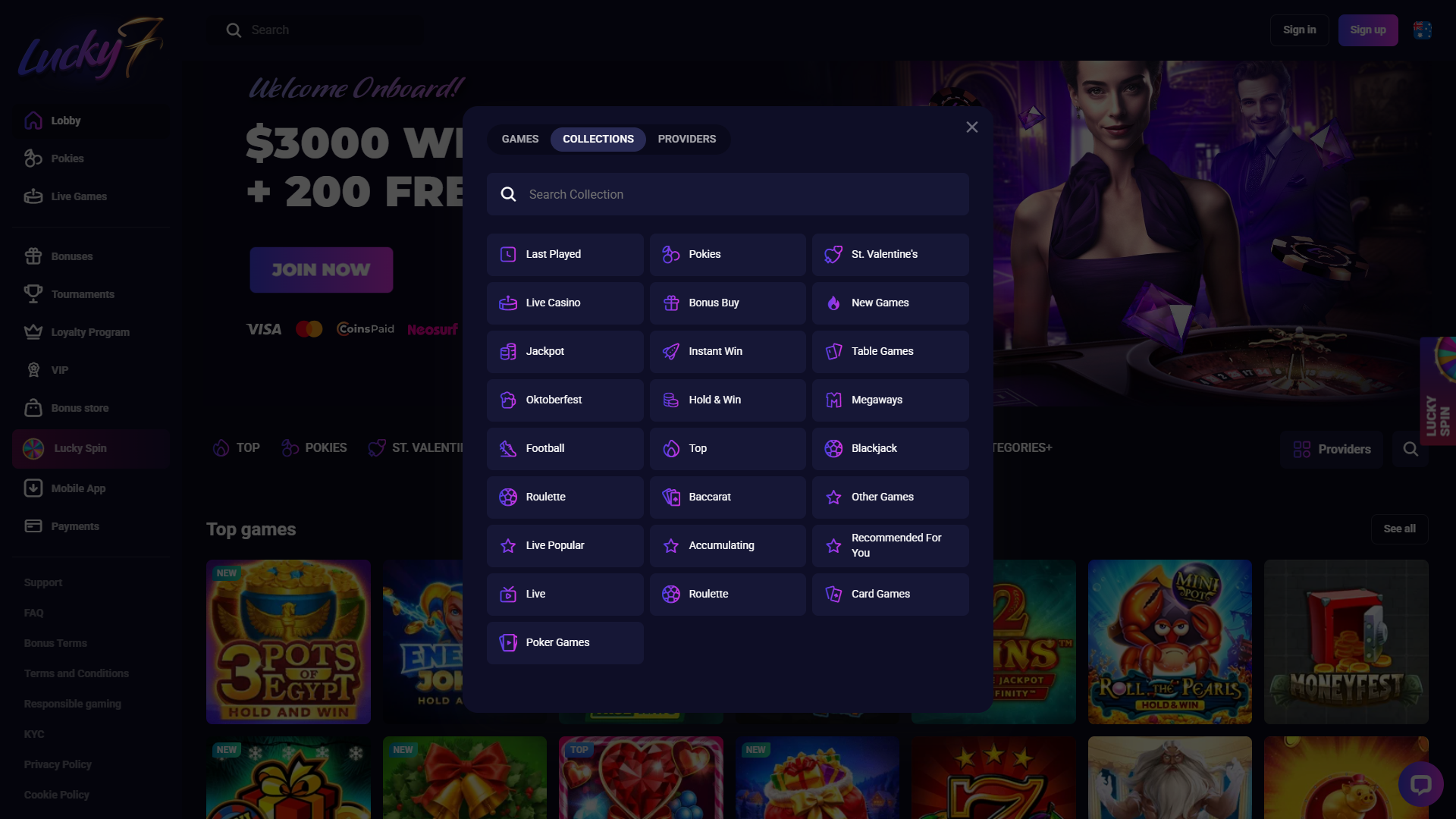 Lucky7even Casino Categories