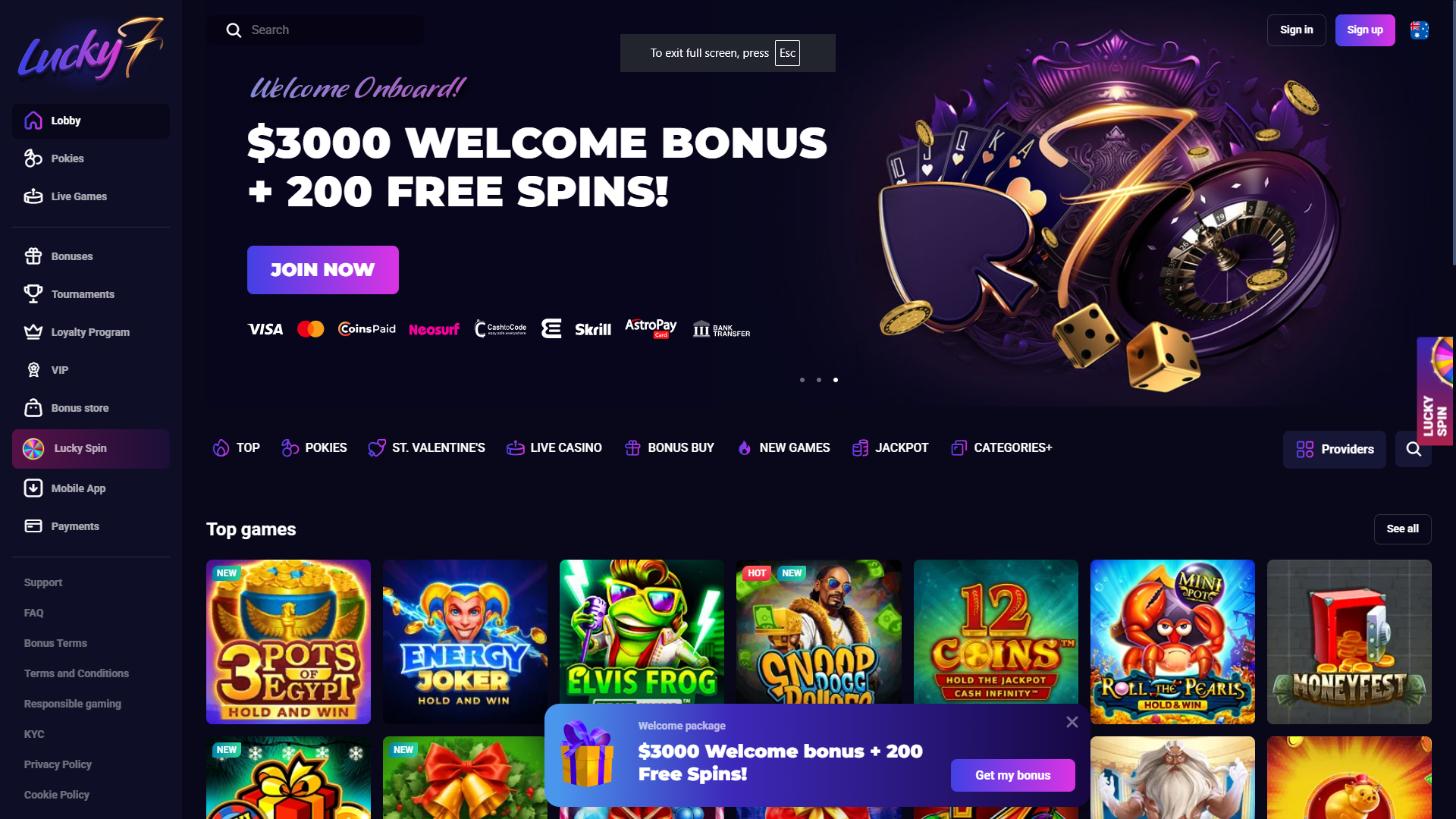 Lucky7even Casino Lobby