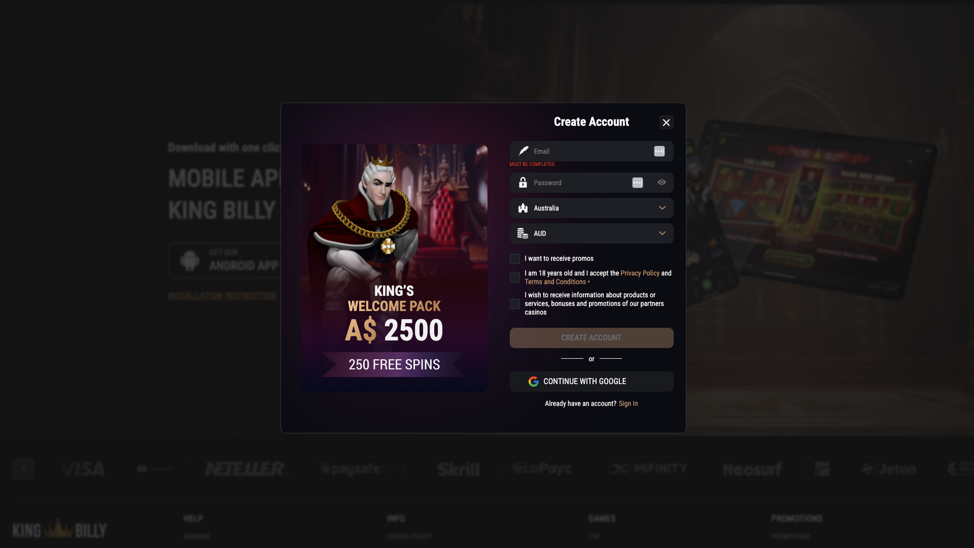king billy signup form