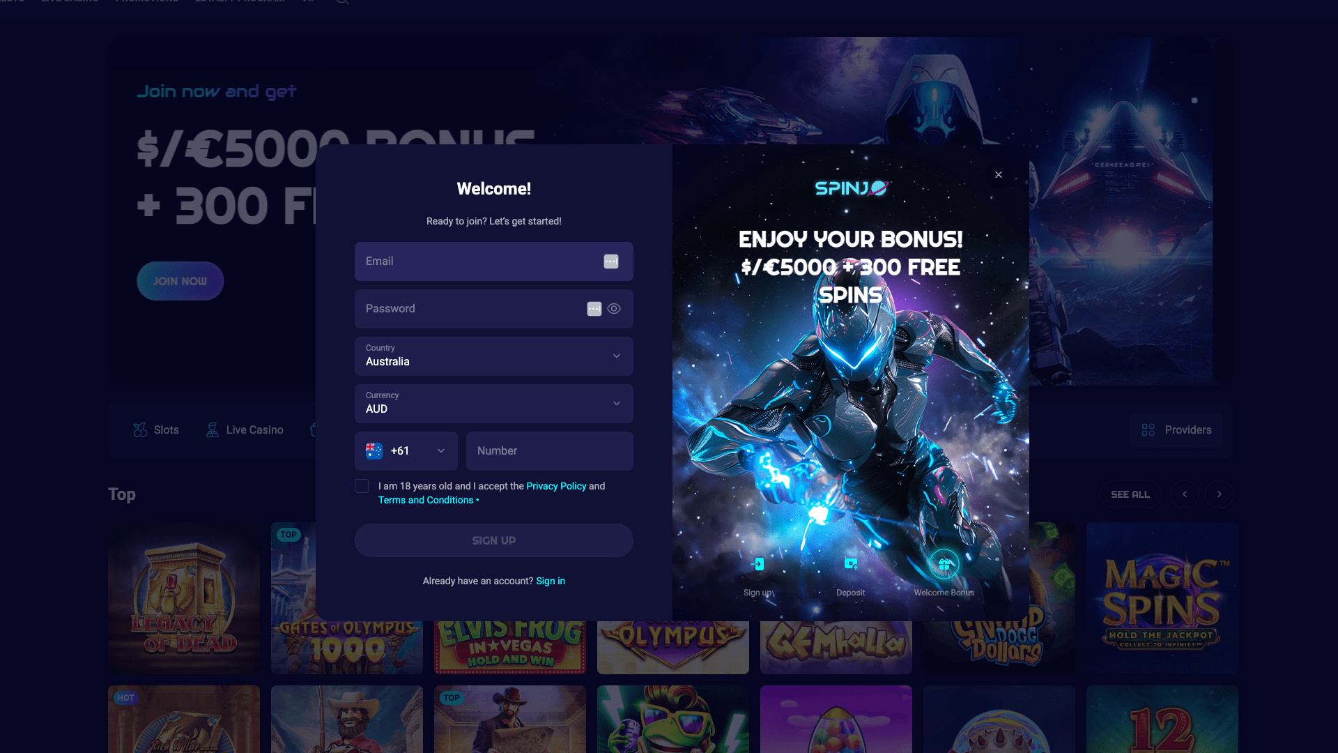 spinjo signup form