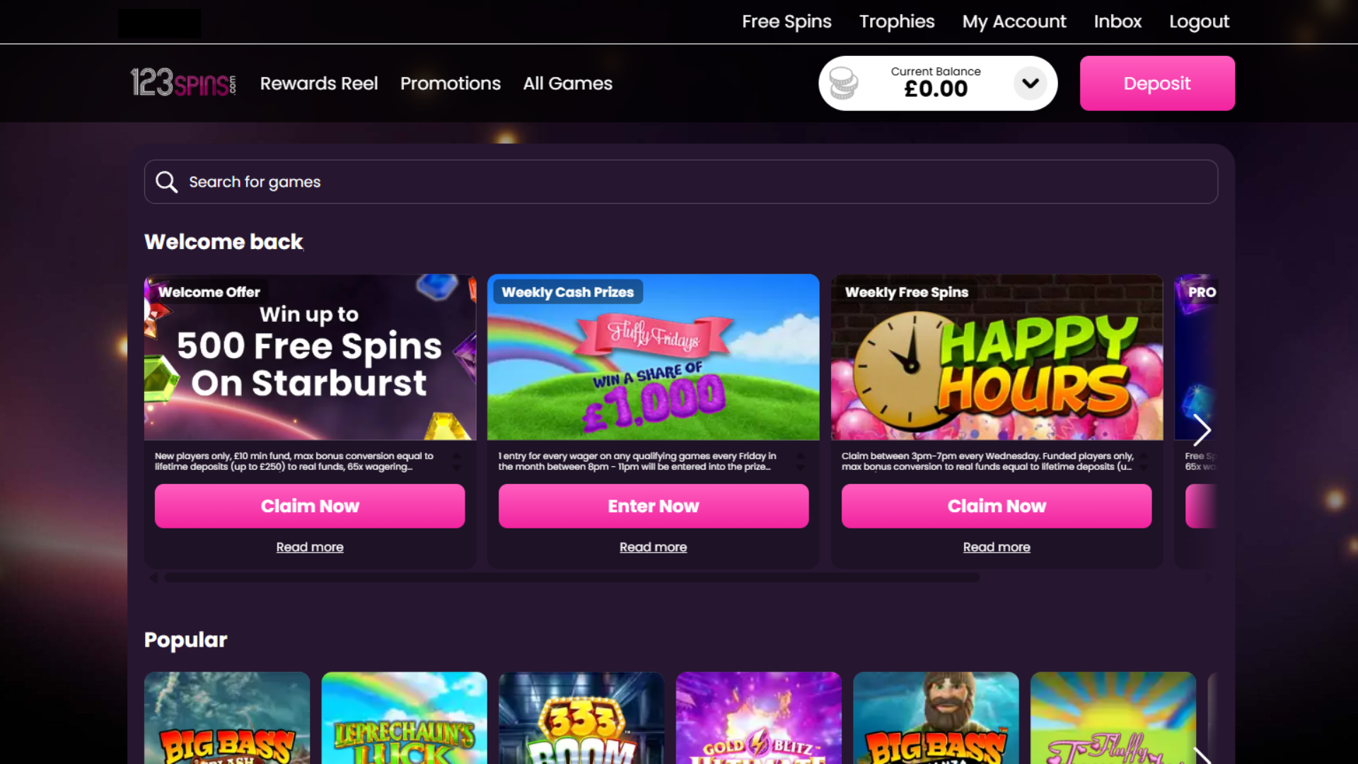 123Spins homepage