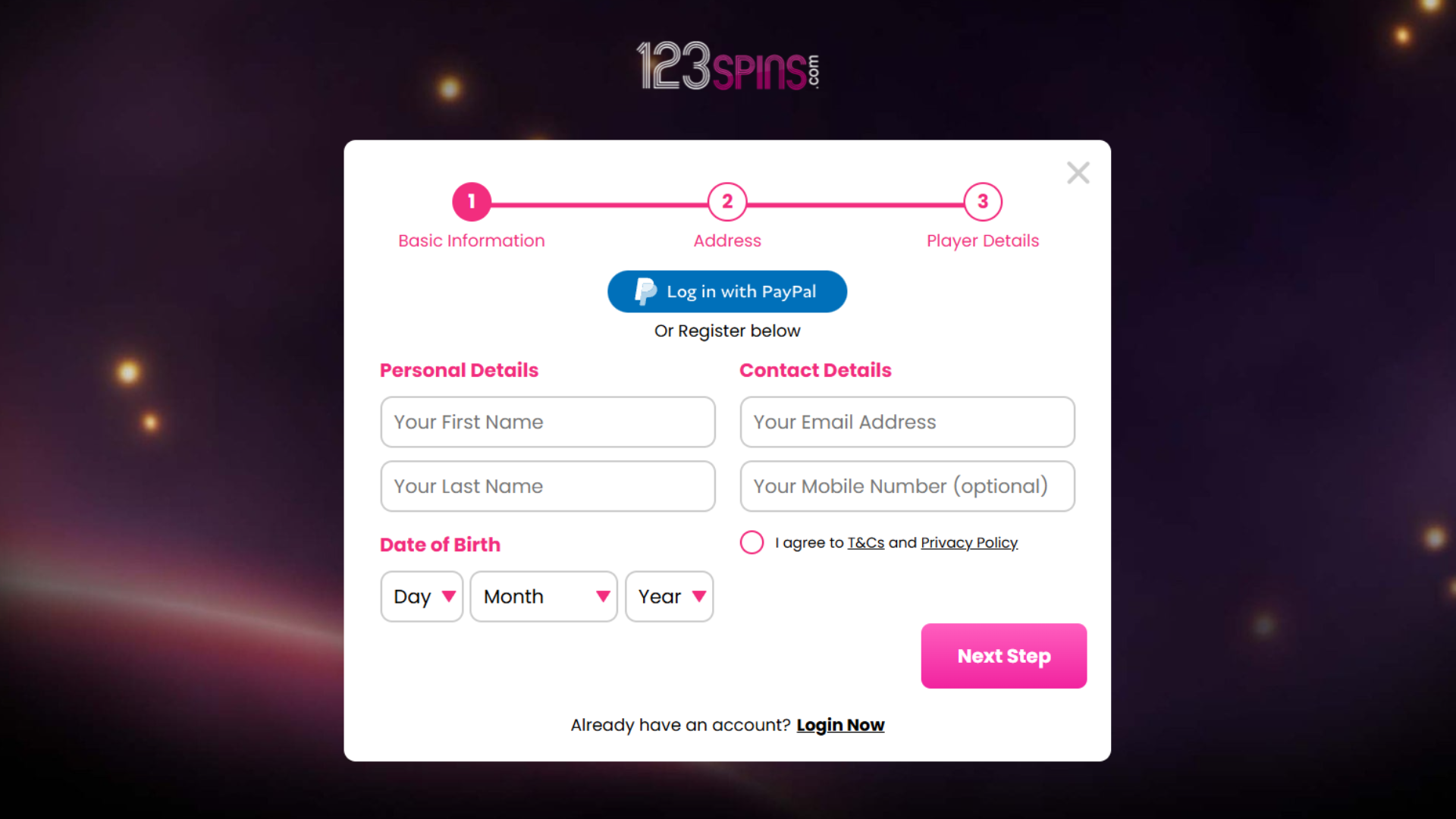 123Spins sign up 1