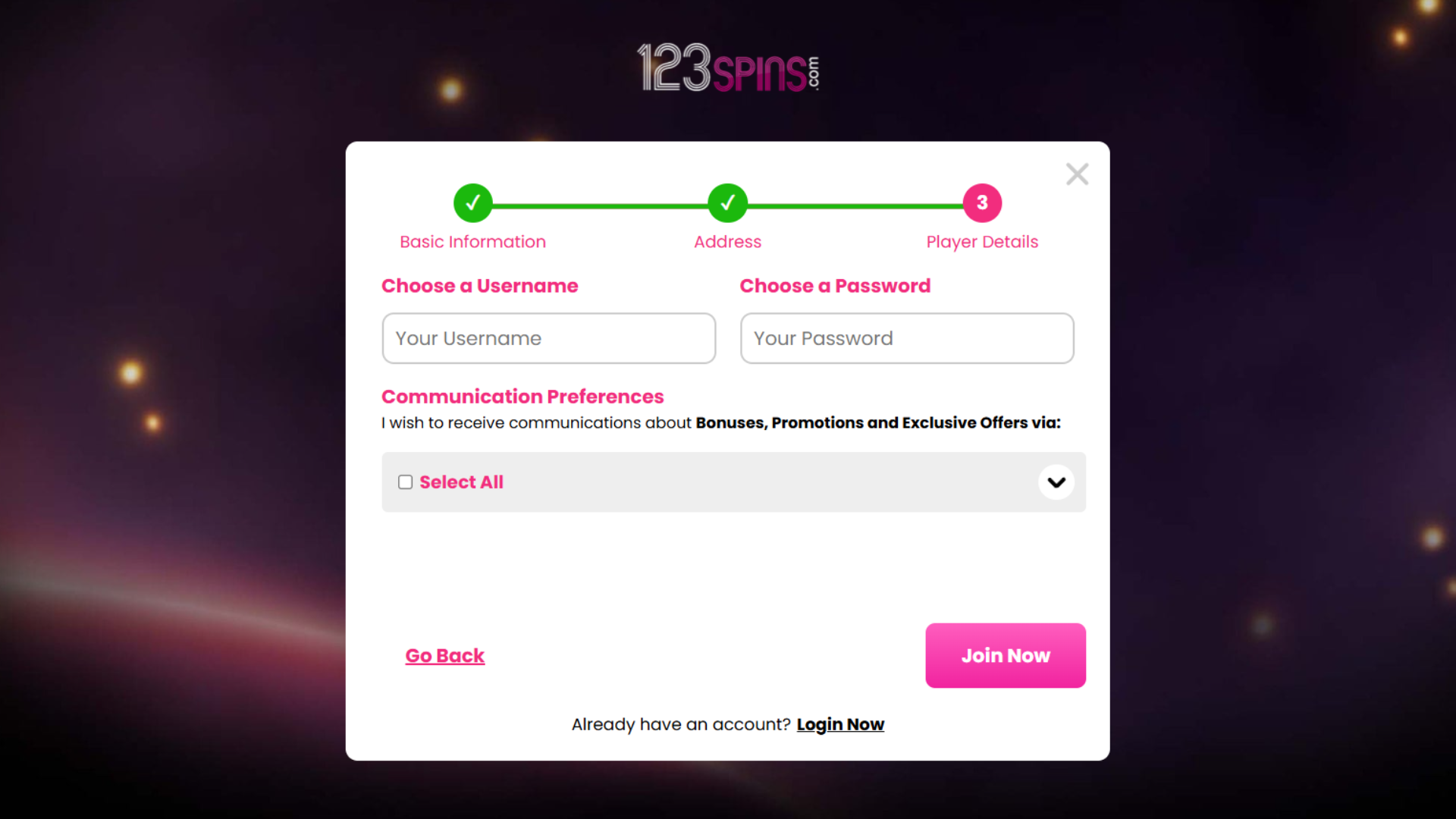 123Spins sign up 3