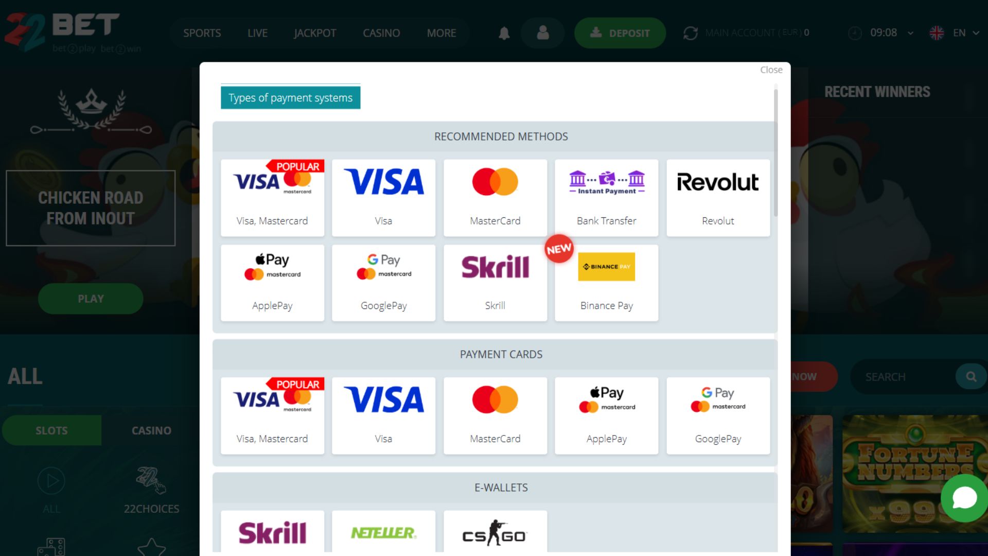 22Bet cashier