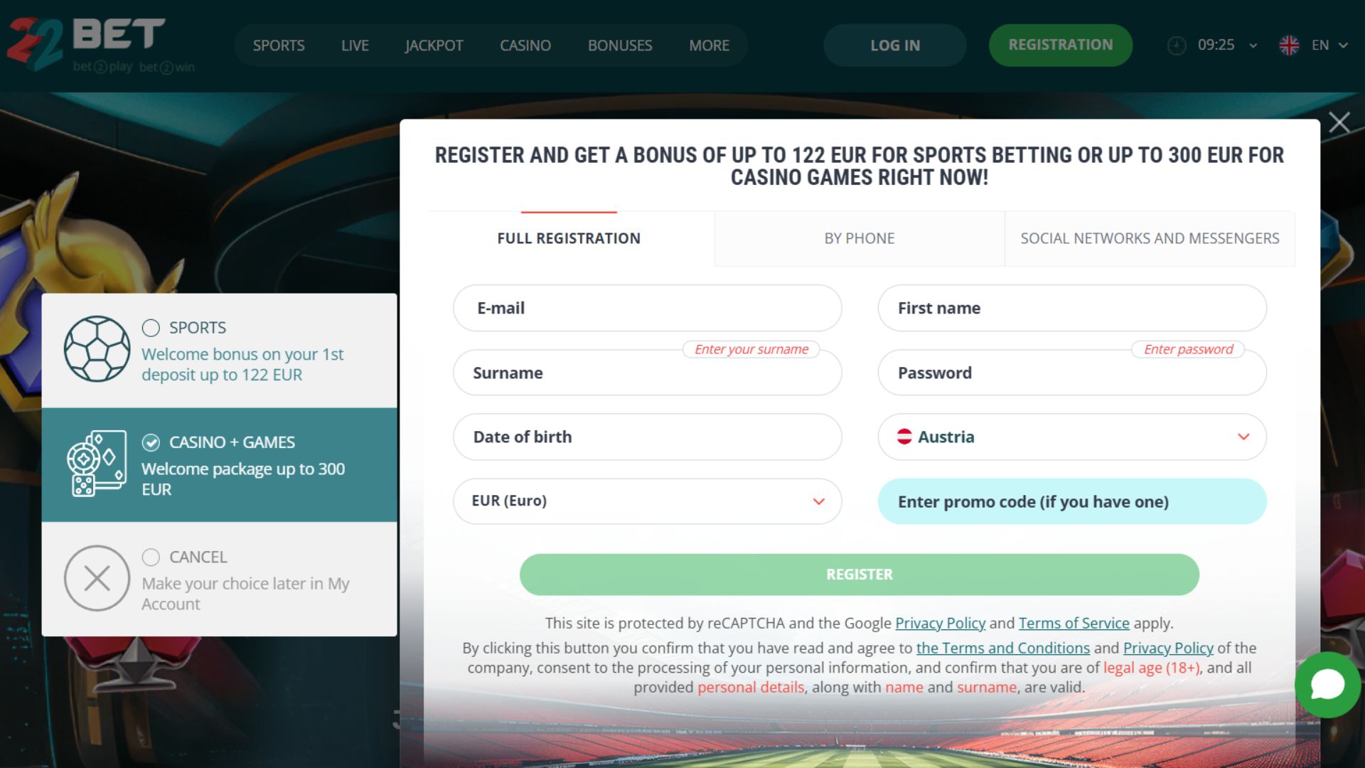 22Bet signup