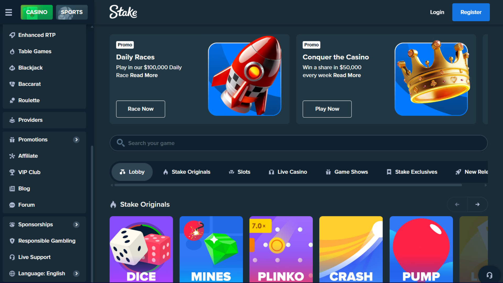 Stake.com Casino homepage