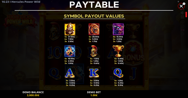 Hercules Power Wild - paytable