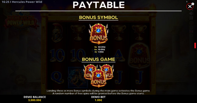 Hercules Power Wild - paytable bonus symbols